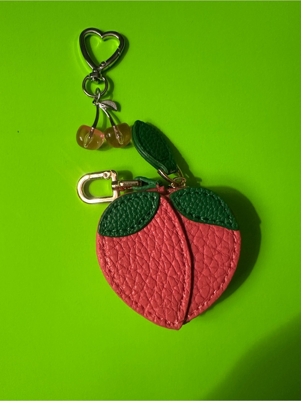 Peach-Shaped Fashion Keychain Coin Pouch - Pink & Green with pink cherries